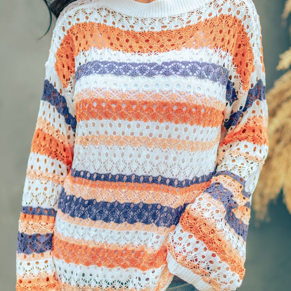 Multicolored Stripe Openwork Knit Pullover